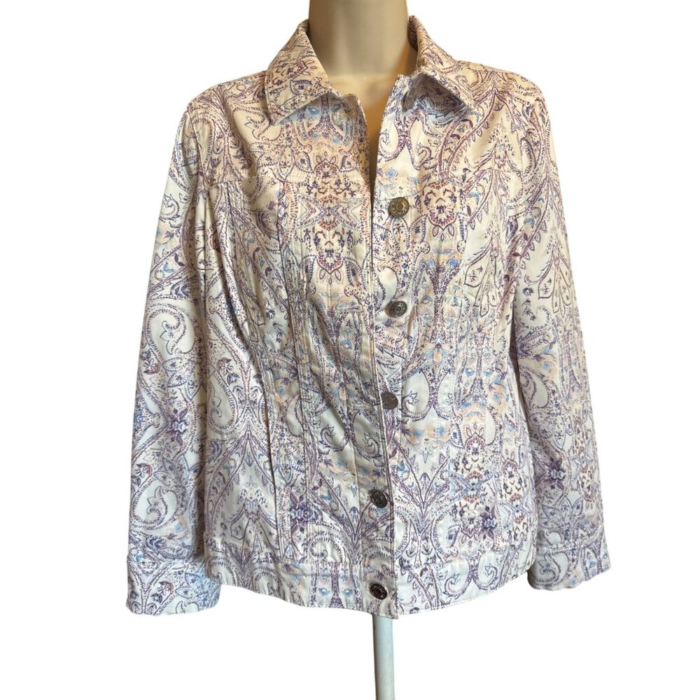 Chicos Womens Button-Up Jacket Size 0 US 4/6 Cotton/Rayon Purple Paisley Print